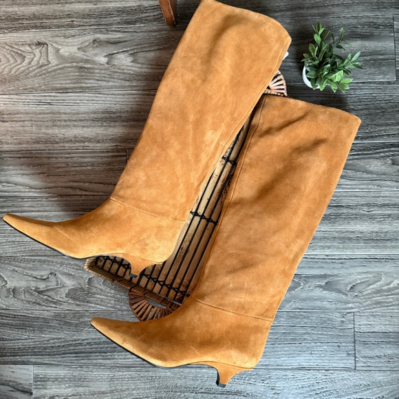 Zara NWT 100% Leather Suede Kitten Heel Wide Leg Knee Boots Pointed Toe 37 / US - Picture 10 of 16